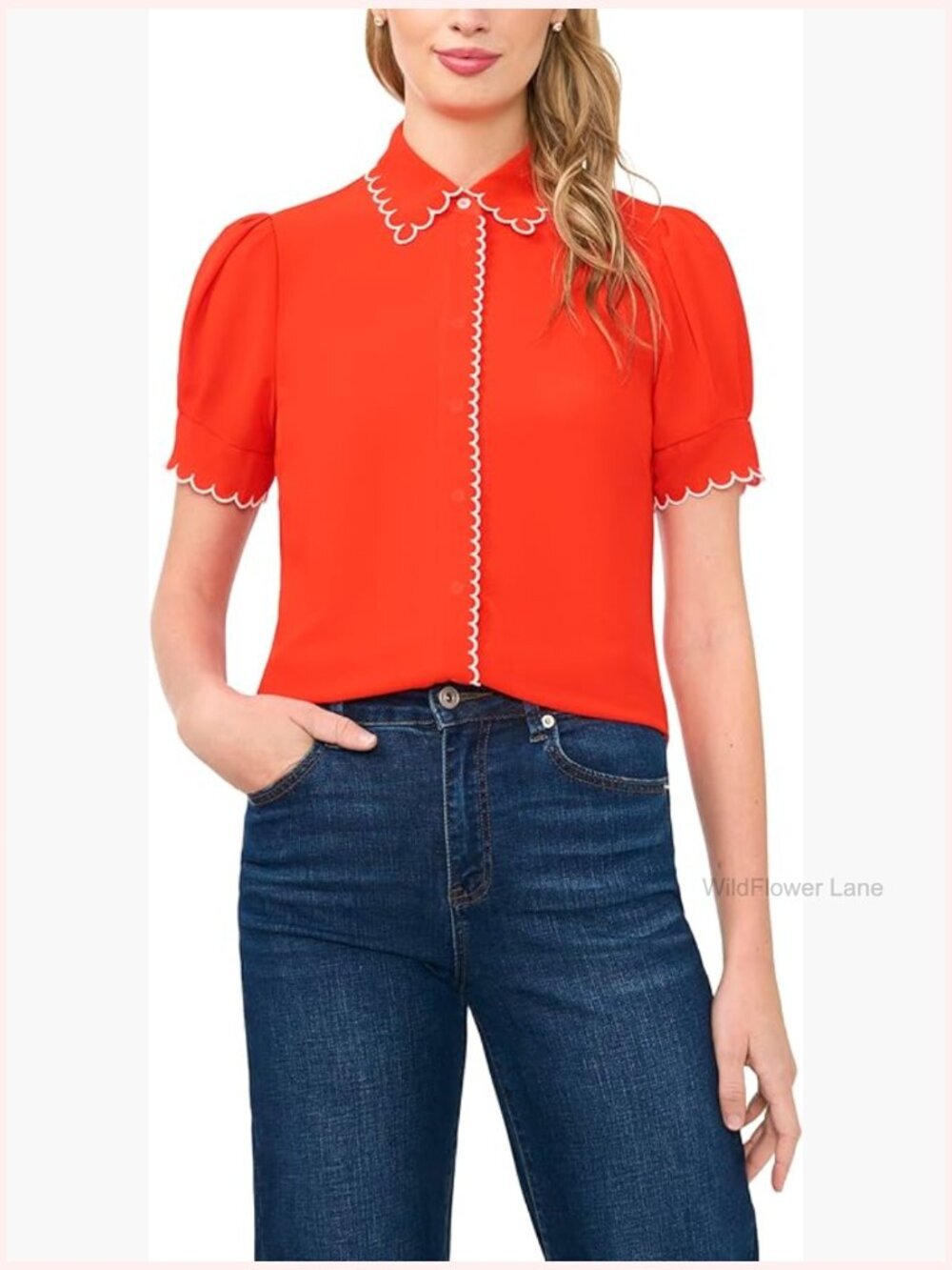 Short Sleeve Scallop Contrast Trim Button Up Top Blouse